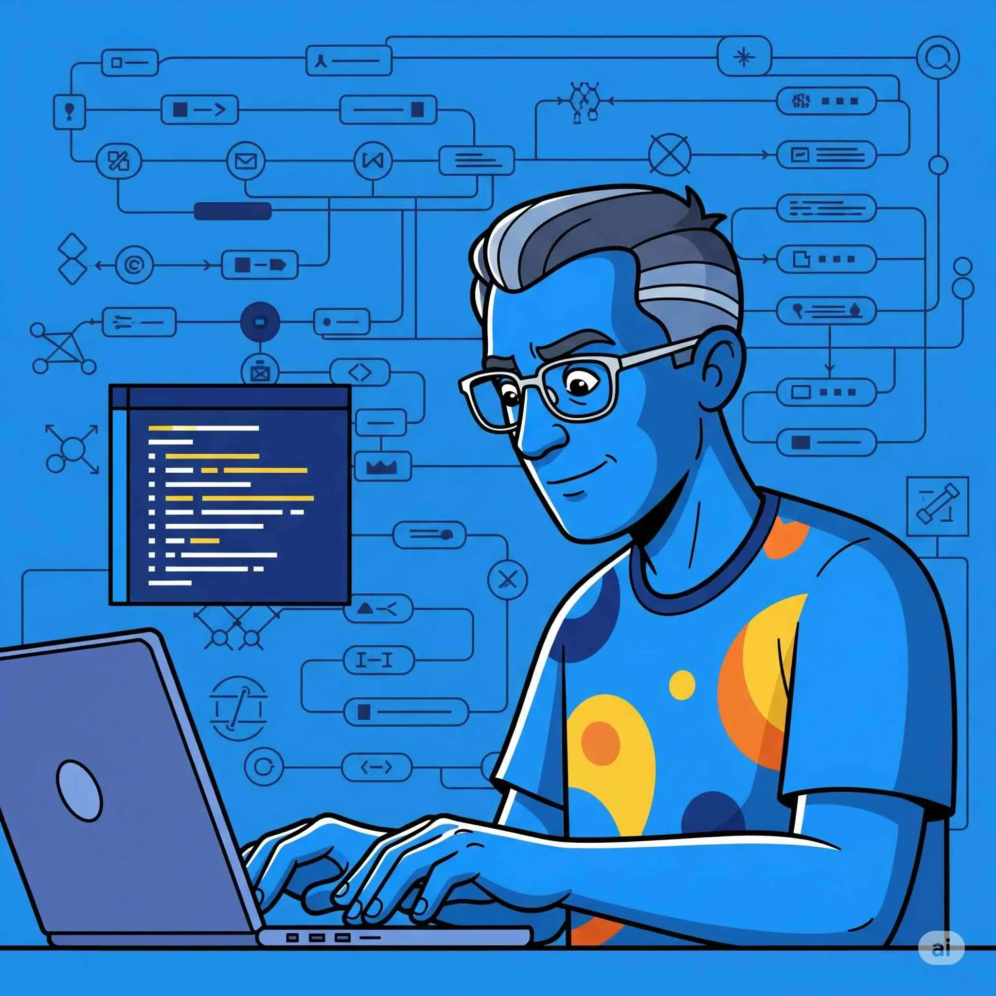 A cartoon of a coder on a laptop, with a complex schema in the background.